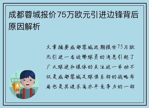 成都蓉城报价75万欧元引进边锋背后原因解析