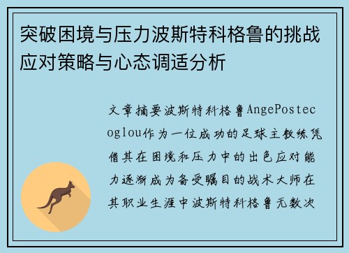 突破困境与压力波斯特科格鲁的挑战应对策略与心态调适分析
