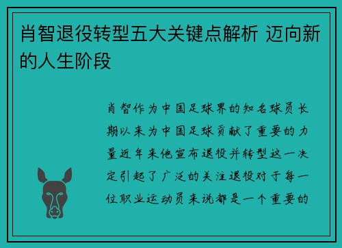 肖智退役转型五大关键点解析 迈向新的人生阶段 肖智退役转型五大关键点解析 迈向新的人生阶段