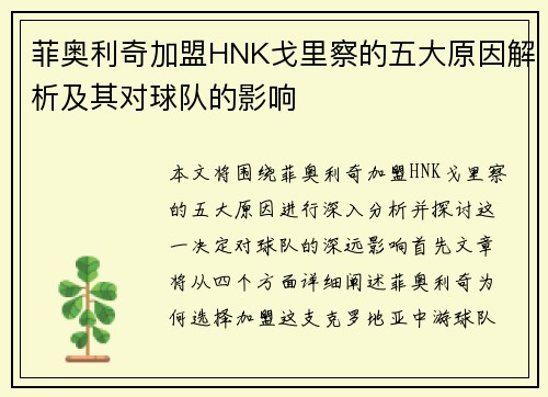 菲奥利奇加盟HNK戈里察的五大原因解析及其对球队的影响