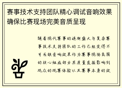 赛事技术支持团队精心调试音响效果确保比赛现场完美音质呈现 赛事技术支持团队精心调试音响效果确保比赛现场完美音质呈现