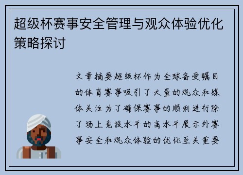超级杯赛事安全管理与观众体验优化策略探讨