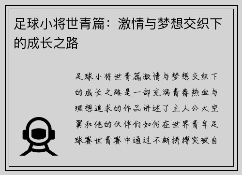 足球小将世青篇：激情与梦想交织下的成长之路